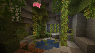 Снимок экрана с Minecraft Live 2020, на котором запечатлена пышная пещера.